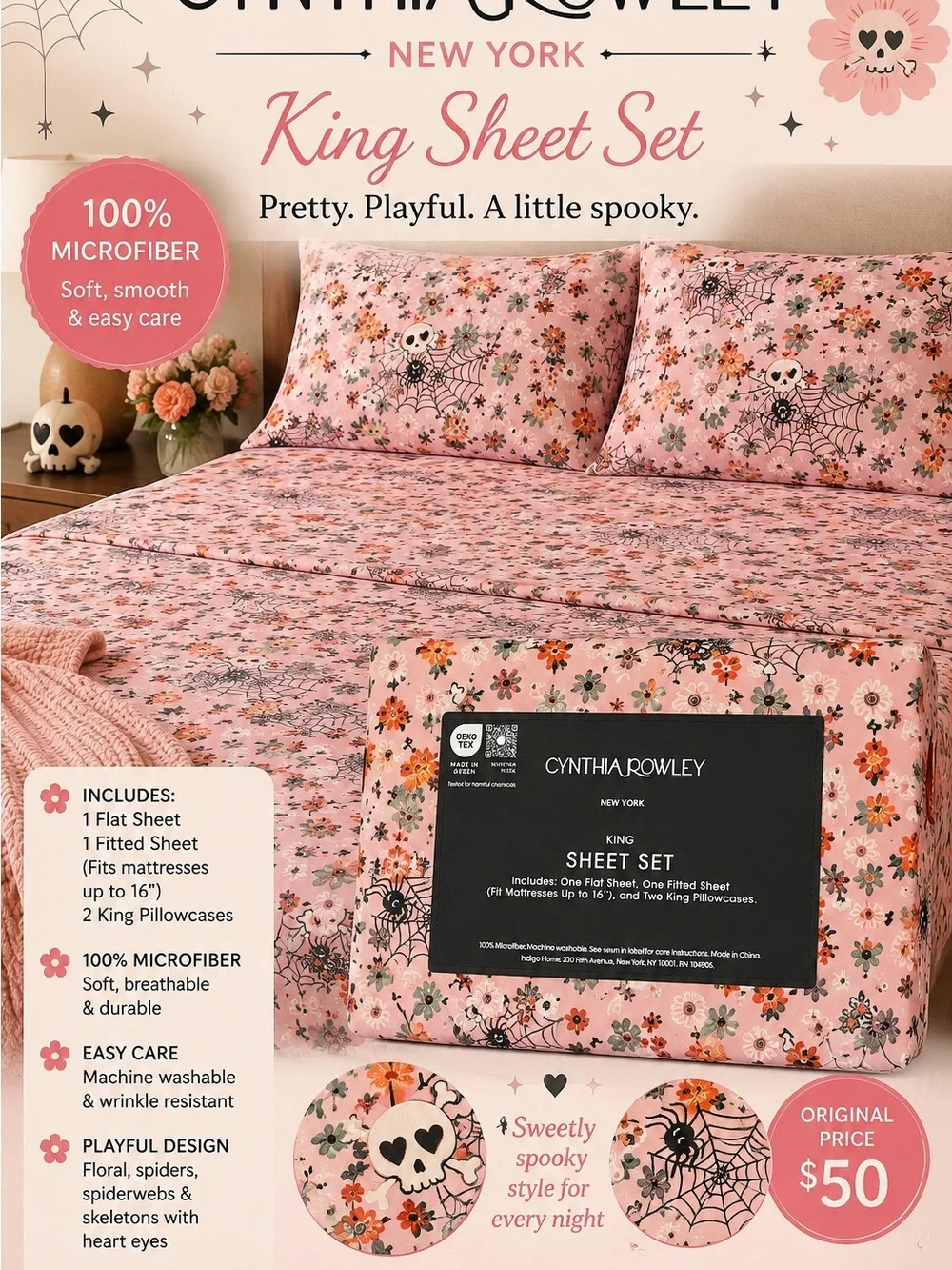 Cynthia Rowley Pink Floral & Spiderweb King Sheet Set - Playful Spooky Print